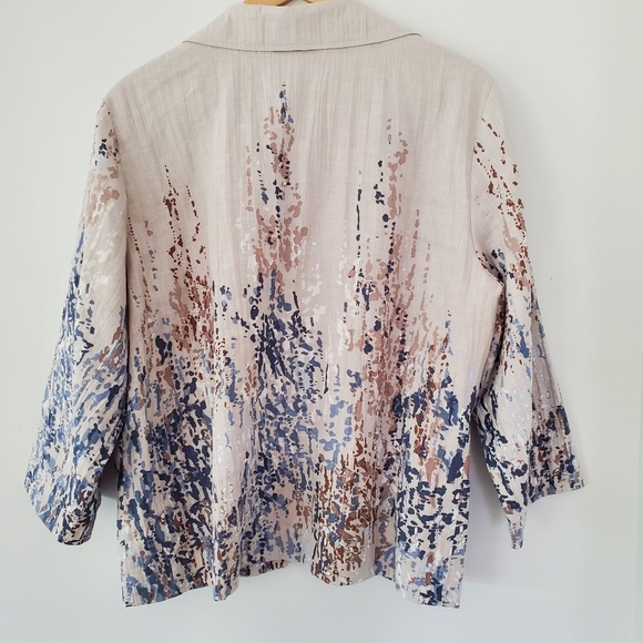 COLDWATER CREEK L 100% Linen Open Front Blazer Jacket 3/4 Sleeve Watercolors EUC - Picture 12 of 15